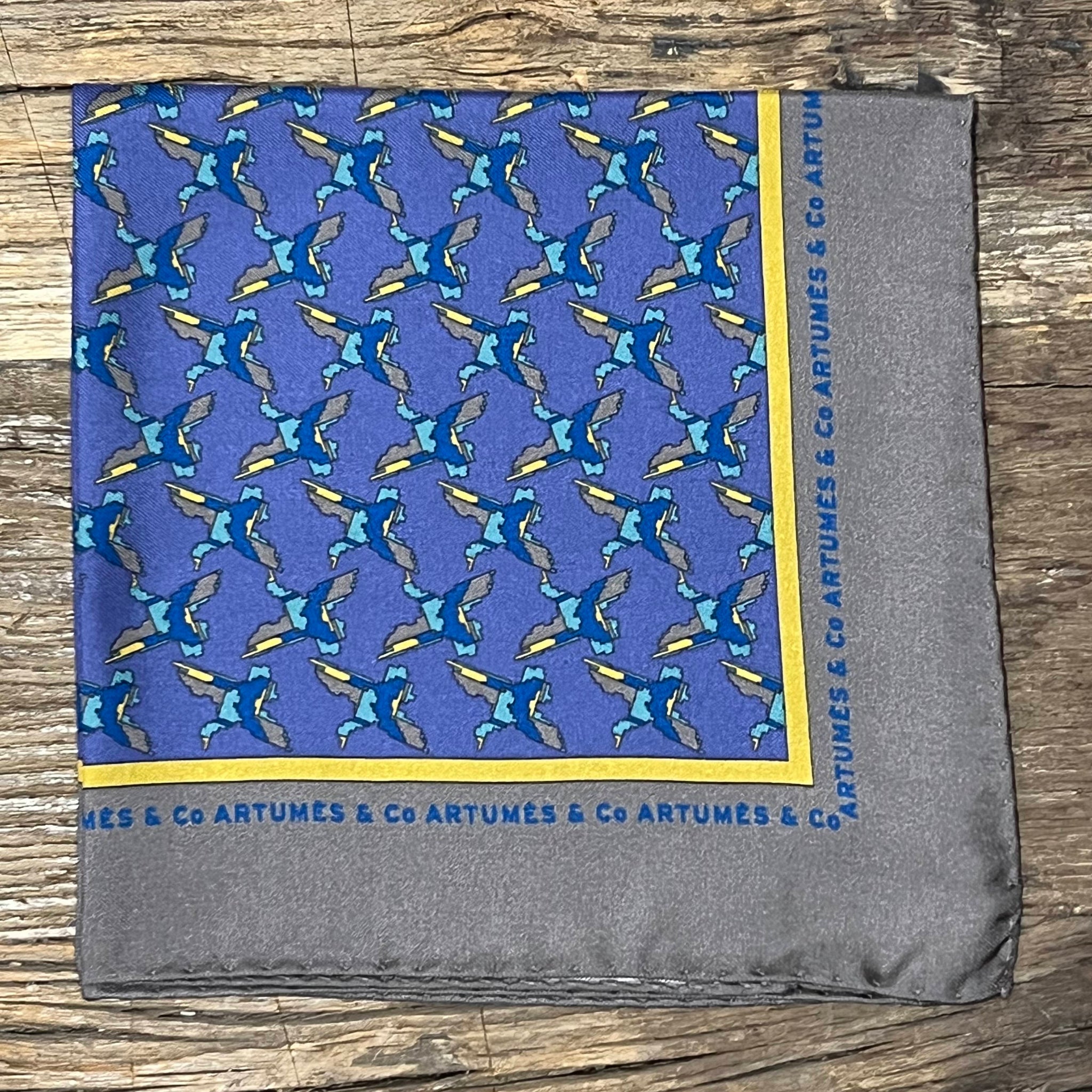 Pochette Soidatour madder imprimé Pixel Ducks - Bleu acier gris