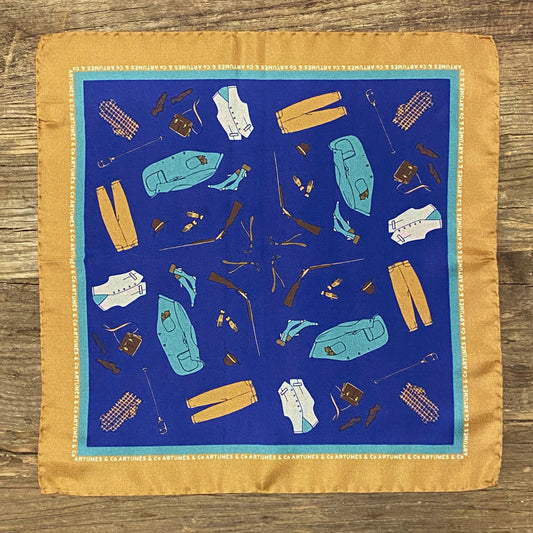 Pochette Soidatour madder imprimé Panoplie Chasseur - Bleu Bretagne