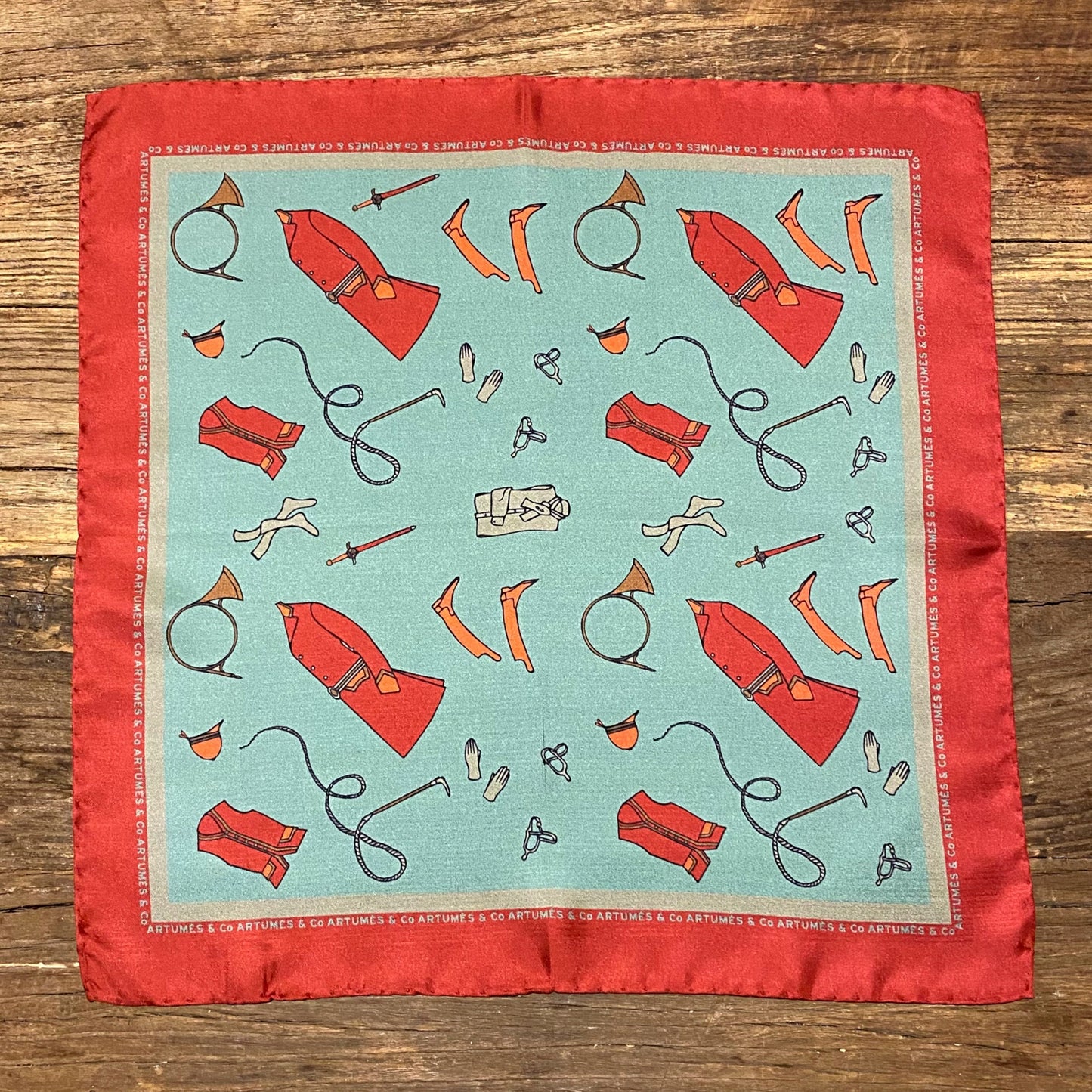 Pochette Soidatour madder imprimé Panoplie Veneur - Celadon