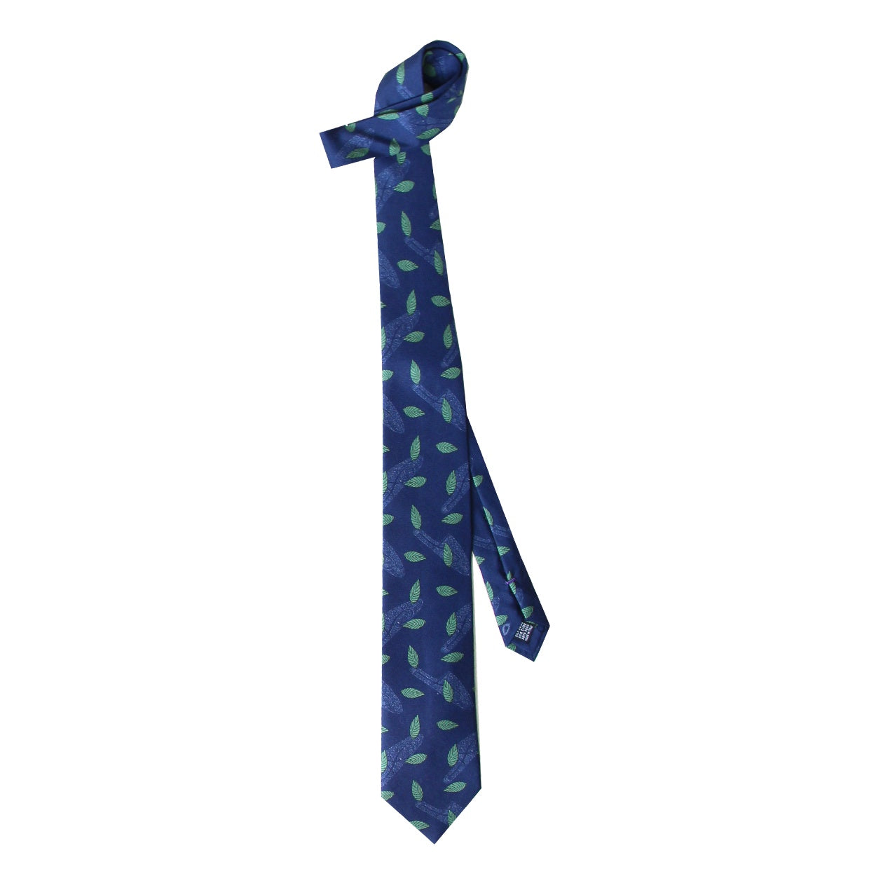 Cravate Parure madder imprimé Platines et feuilles - Marine motif mousse grège