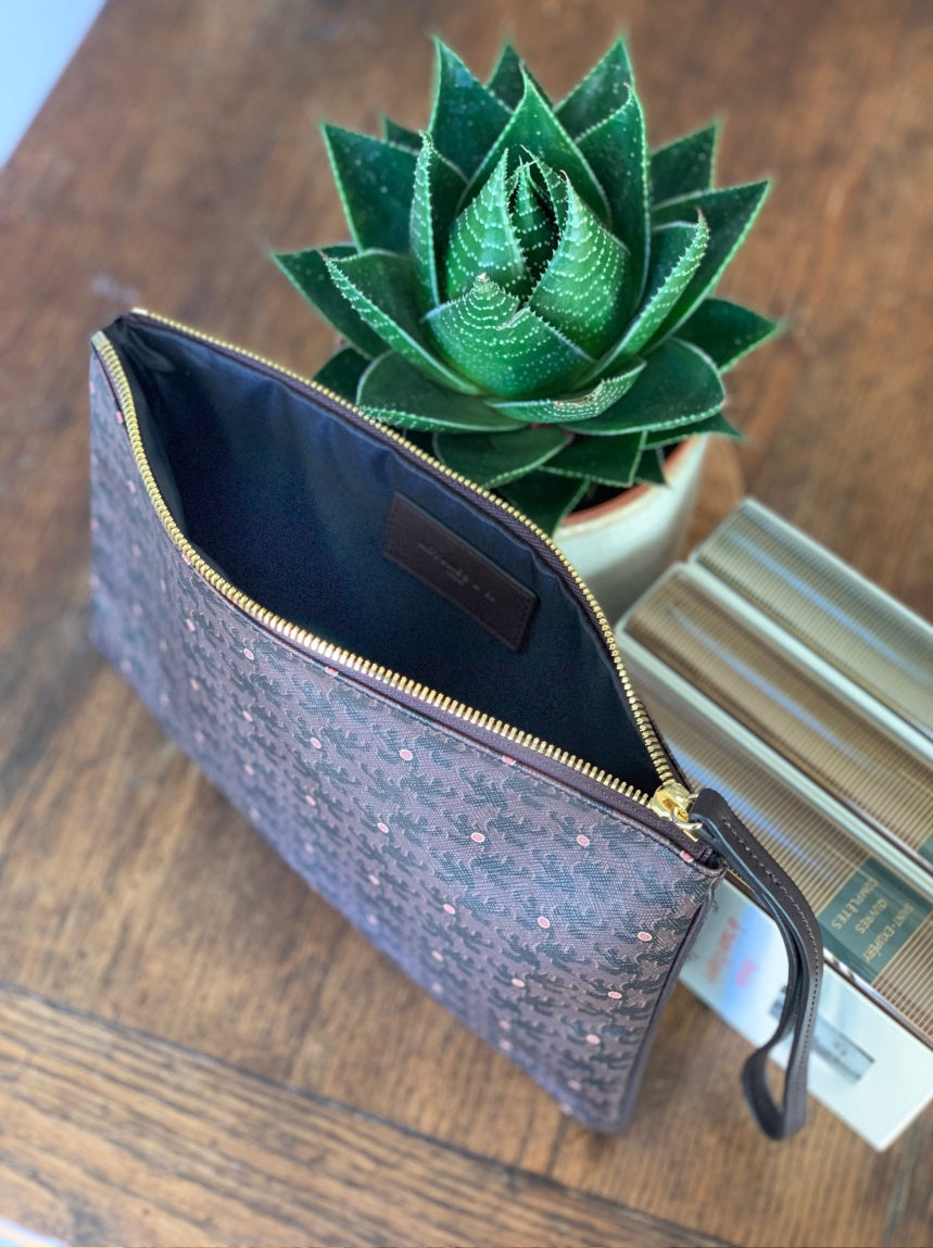 Pochette Eden cuir et toile enduite Bestiaire Mirage Renards chocolat - ebène