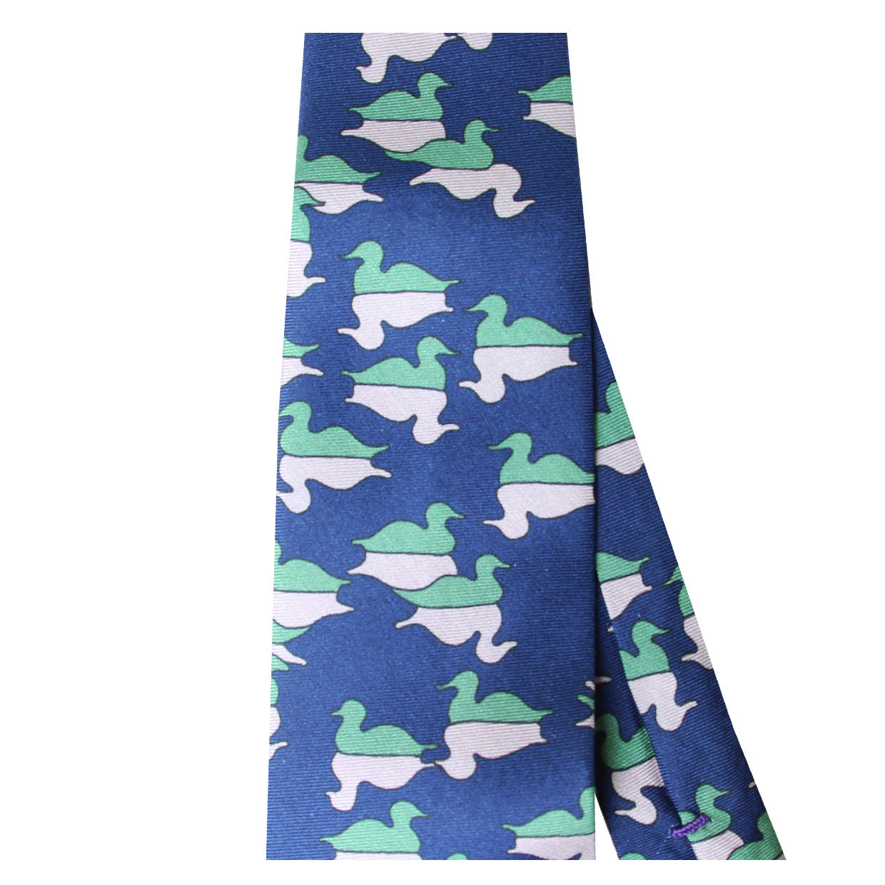 Cravate Parure madder imprimé Canards posés - Marine motif mousse grège